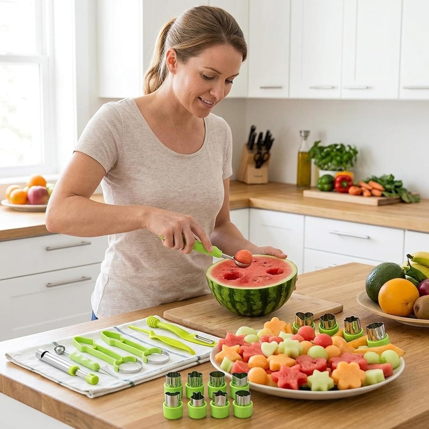 Melon Baller Scoop Set,15-Piece Fruit Cutter Shapes Kit with Melon Baller,Stainless Steel and PP Material for Fruit Carving and Kitchen Use,Durable Fruit Shape Cutters for Professional and Home Chefs