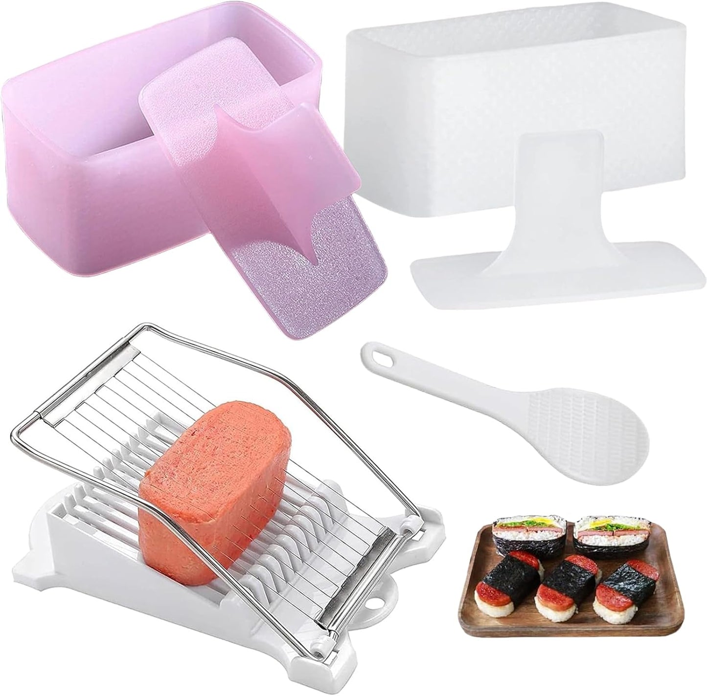 Spam Musubi Mold, 4 Pcs Musubi Maker Kit Spam Slicer Musubi Press Sushi Rice Onigiri Mold Set Egg Cutter for Luncheon Meat Hot Dog Cheese Strawberry Lunch Bento