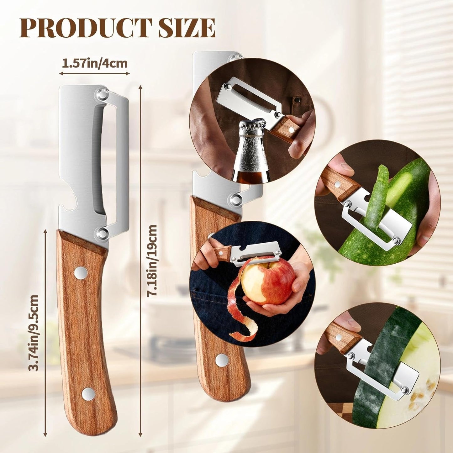 Multifunctional Vegetable Peeler, Premium Vegetable Peeler with Wooden Handle＆bottle Opener, Stainless Steel Blade Peeler for Kitchen, Non-slip Ergonomic Design