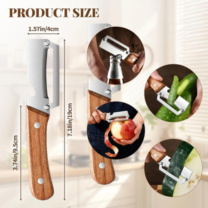 Multifunctional Vegetable Peeler, Premium Vegetable Peeler with Wooden Handle＆bottle Opener, Stainless Steel Blade Peeler for Kitchen, Non-slip Ergonomic Design