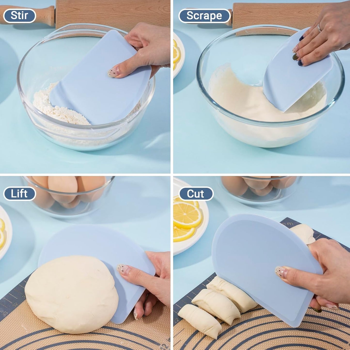 Silicone Dough Scraper with Stainless Steel Sheet, Curved Edge Flexible Bowl Scraper for Baking, Food Grade Silicone Bench Scraper for Sourdough Bread Proofing Basket, 5.98"×4.3", Mint Green, SAPID