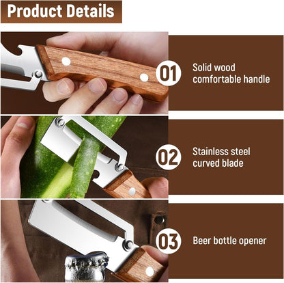 2 Pack Multi-Functional Vegetable Peeler for Kitchen, 2026 New Premium Vegetable Peeler with Wooden Handle and Bottle Opener,Kitchen Tool for Fruit Veggie Pumpkin