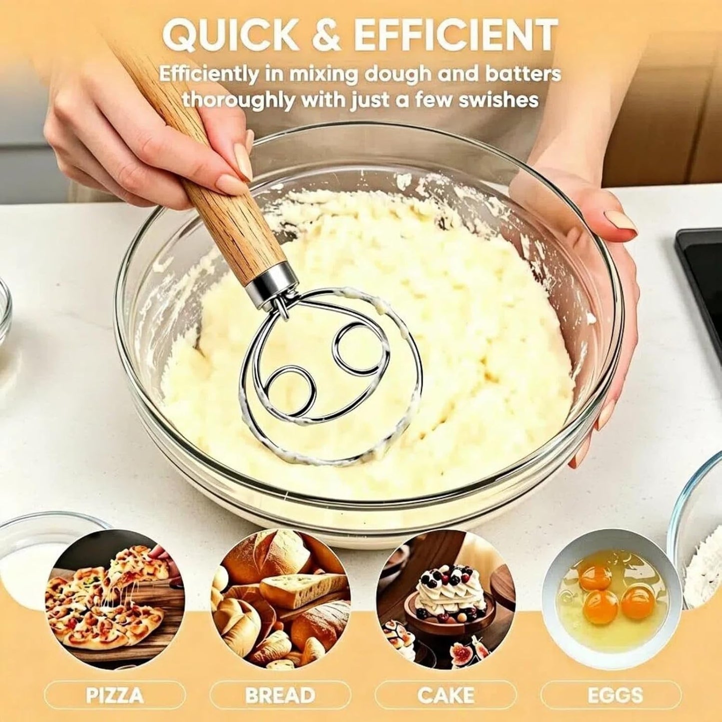 Maxjoy Danish Dough Whisk Wooden Dutch Bread Mixer with Stainless Steel Hook for Sourdough Baking Hand Tool