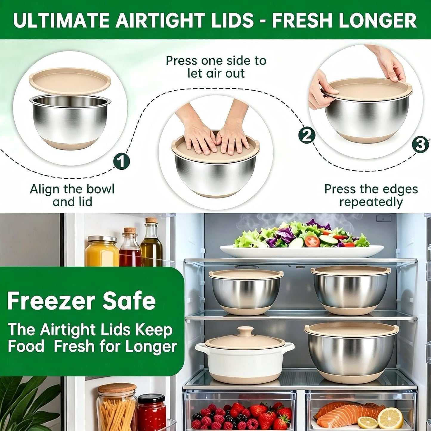 Deedro Premium Mixing Bowls with Airtight Lids Set, 22Pcs Thicker Stainless Steel Mixing Bowl Set, Large Prep Metal Bowls, Non-Slip Silicone Base Nesting Bowls for Kitchen, 1.5/2/3/4/5 QT, Khaki