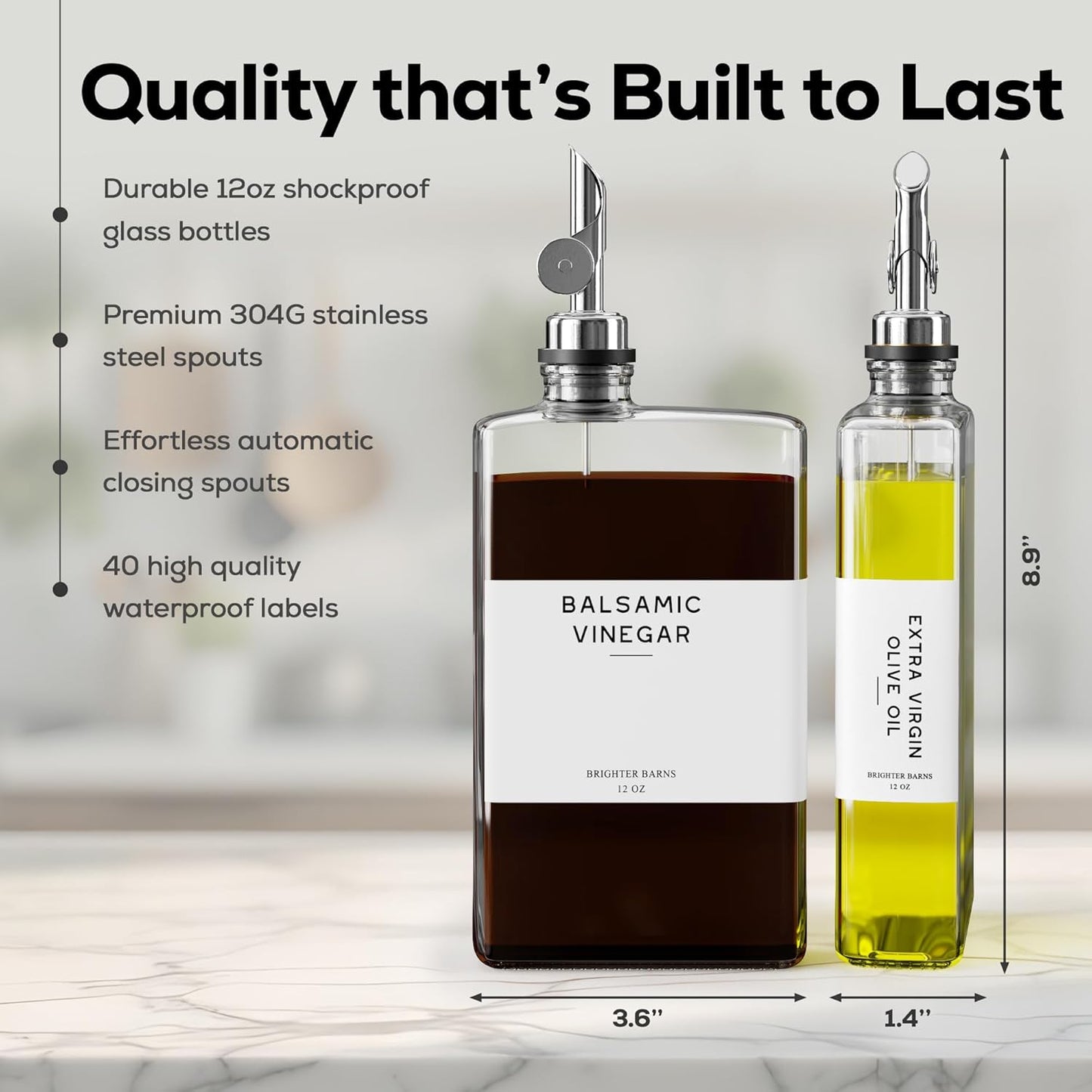 Glass Olive Oil Dispenser Bottle for Kitchen by Brighter Barns - Coffee Syrup Dispenser, Oil and Vinegar Bottle - Modern Kitchen Essentials for Restaurants, Coffee Bar, Airbnb (Clear/Gold, Set of 2)