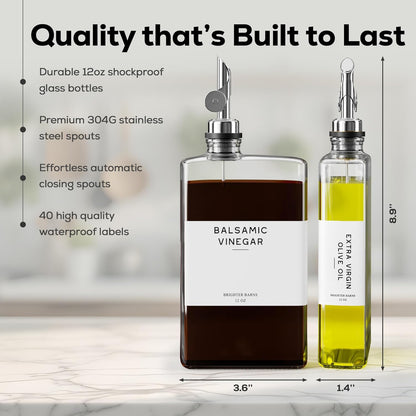 Glass Olive Oil Dispenser Bottle for Kitchen by Brighter Barns - Coffee Syrup Dispenser, Oil and Vinegar Bottle - Modern Kitchen Essentials for Restaurants, Coffee Bar, Airbnb (Clear/Gold, Set of 2)