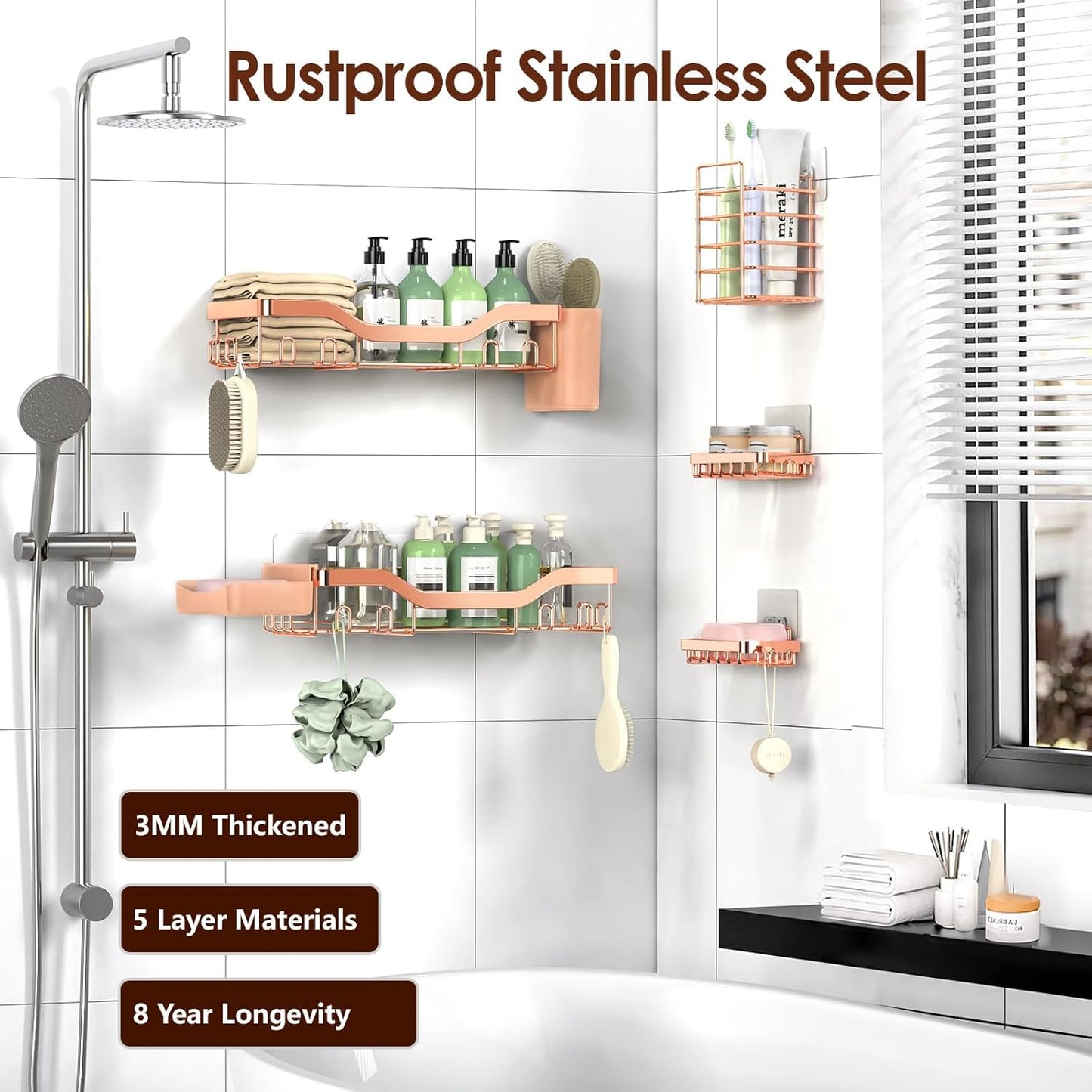NESOMI Shower Caddy Adhesive Shower Organizer 7-Pack, Rustproof Stainless Steel Bathroom Shelves, Large Capacity No-Drill Rack Storage Accessories with Soap Dish Toothbrush Holder &24 Hooks Home Decor