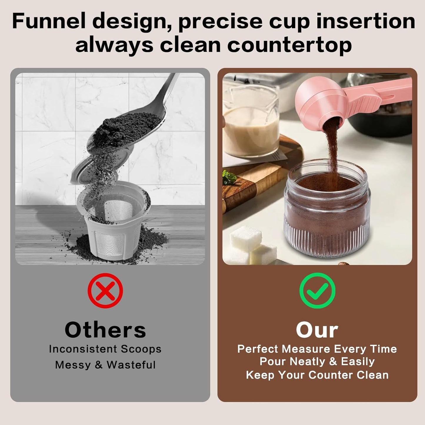 2-in-1 Coffee Scoop with Funnel, 2 Teaspoon Measuring Spoon for Reusable K Cups, Ground Coffee, Protein Powder & Tea, Mess-Free Plastic Design (Pink)