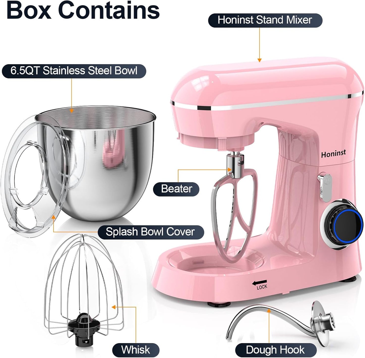 Honinst Stand Mixer, 6.5QT 10-Speed Tilt-Head Electric Stand Mixer, 3-In-1 Kitchen Mixer with Bowl, Dough Hook, Whisk and Beater, Food Mixer for Baking, Cake and Most Home Cooks, Black