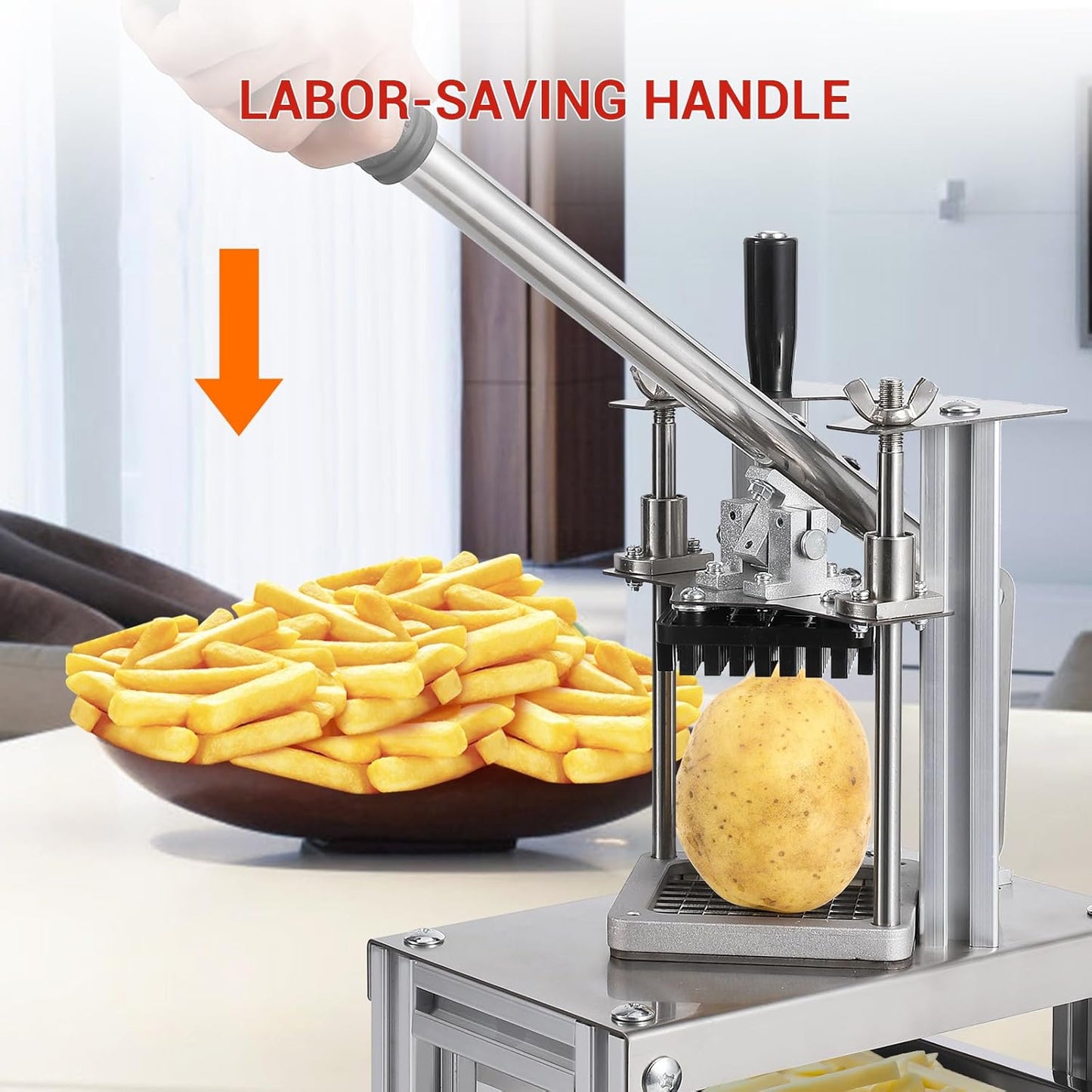 GarveeHome Commercial French Fry Cutter Vegetable Fruit Chopper with 4 Replacement Blades Stainless Steel Vegetable Dicer Fruit Slicer for Onion Potato Carrot Tomato