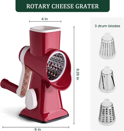 HANSGO Rotary Cheese Grater Hand Crank, Shredder Slicer Grinder, 3 Large Diameter Metal Blades & Cleaning Brush, Non-slip Suction Base, Labor-Saving Handle, Kitchen Gadgets for Cheese, Vegetable, Nuts