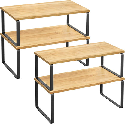 SONGMICS Cabinet Organizer Shelf, Set of 4 Kitchen Counter Shelves, Kitchen Storage, Spice Rack, Stackable, Expandable, Metal and Engineered Wood, Cloud White and Natural Beige UKCS010N01