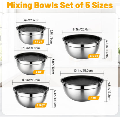 Beasea Mixing Bowls with Lids, 2 Pack 4 QT Stackable Stainless Steel Mixing Bowls Set with Airtight Lids, Metal Nesting Bowl for Kitchen, Baking, Food Prepping and Serving