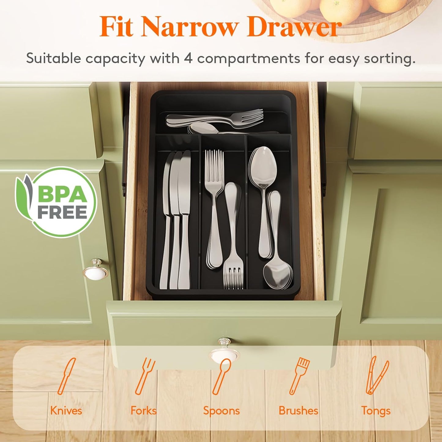 Lifewit Silverware Drawer Organizer Tray, Plastic Cutlery Storage for Kitchen, Flatware and Utensil Holder Divider for Spoons Forks Knives Tableware, 9.1 x 12.6", 5 Slots, Black