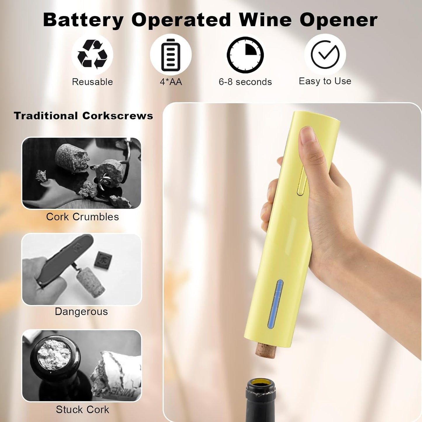 COKUNST Electric Wine Opener, Battery Operated Wine Bottle Openers with Foil Cutter, One-click Button Corkscrew Remover for Home Kitchen Party Wedding