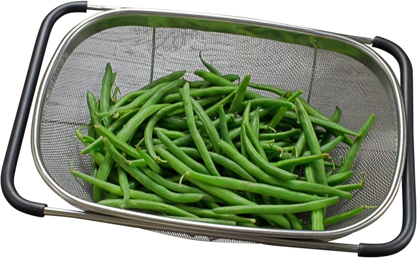 i Kito Over the Sink Colander with Expandable Rubber Grip Handles - Fine Mesh Oval Strainer in Stainless Steel -Drain, Rinse Fruits and Vegetables