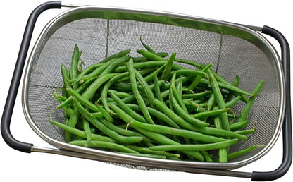 i Kito Over the Sink Colander with Expandable Rubber Grip Handles - Fine Mesh Oval Strainer in Stainless Steel -Drain, Rinse Fruits and Vegetables