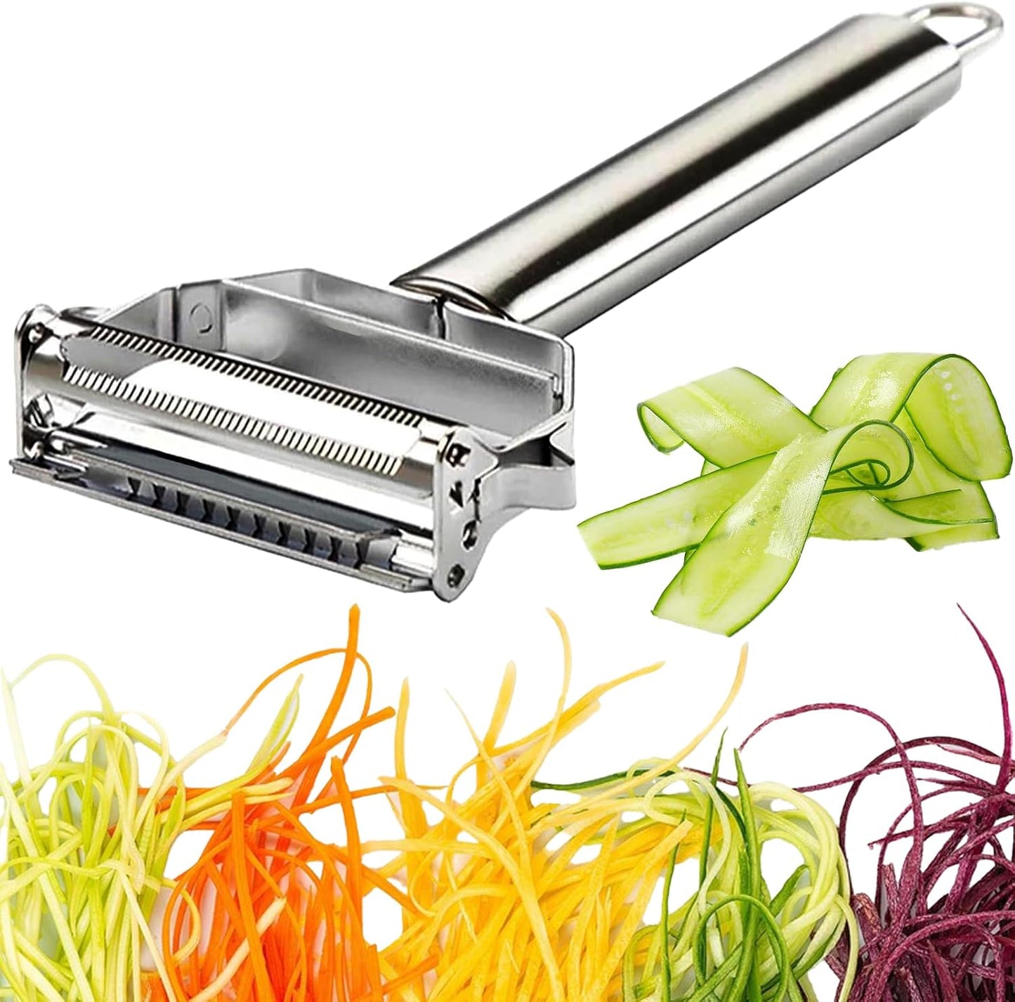 Vegetable Peeler Julienne Slicer 3 in 1 Kitchen Peeler Zucchini Salad Maker Ultra Sharp Potato Peelers Stainless Steel No-Rust Carrot Cutter Anti-Slip Handle Cucumber Slicer + Cleaning Brush