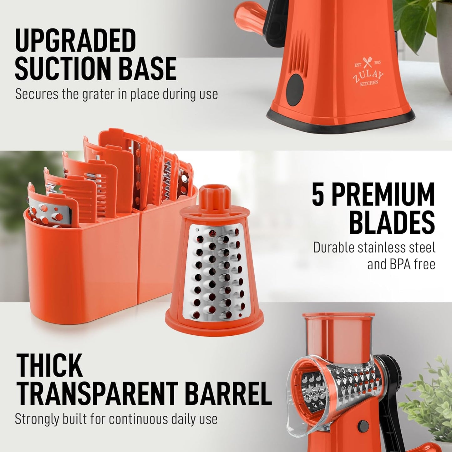Zulay Kitchen Rotary Cheese Grater 5 Blade Cheese Shredder - Manual Hand Crank Cheese Grater With Reinforced Suction & 5 Interchangeable Drums - Easy to Use, Vegetable Chopper Round Mandoline Slicer - Colors A