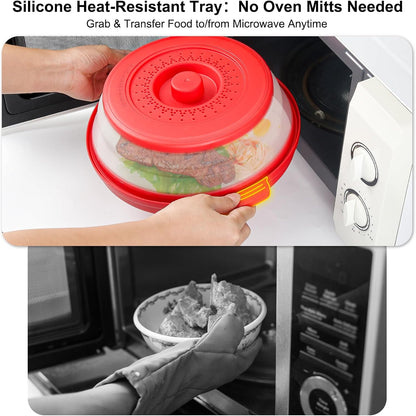 10.7 Inch Microwave Food Cover with Heat Insulation Mat, Anti-Scald Collapsible Microwave Splatter Cover, Multi-Functional as Colander & Fruit Plate, Dishwasher Safe, Ideal for Meal Prep (Gray)