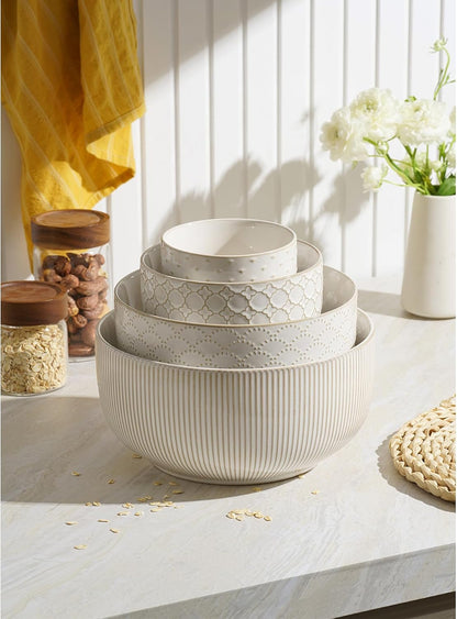 Ceramic Mixing Bowls, Embossed Nesting Bowls Set of 4, Mixing Bowl Set for Serving, Baking, Cooking and Gift, Microwave and Dishwasher Safe, 20/47/99/148 oz, Off-White