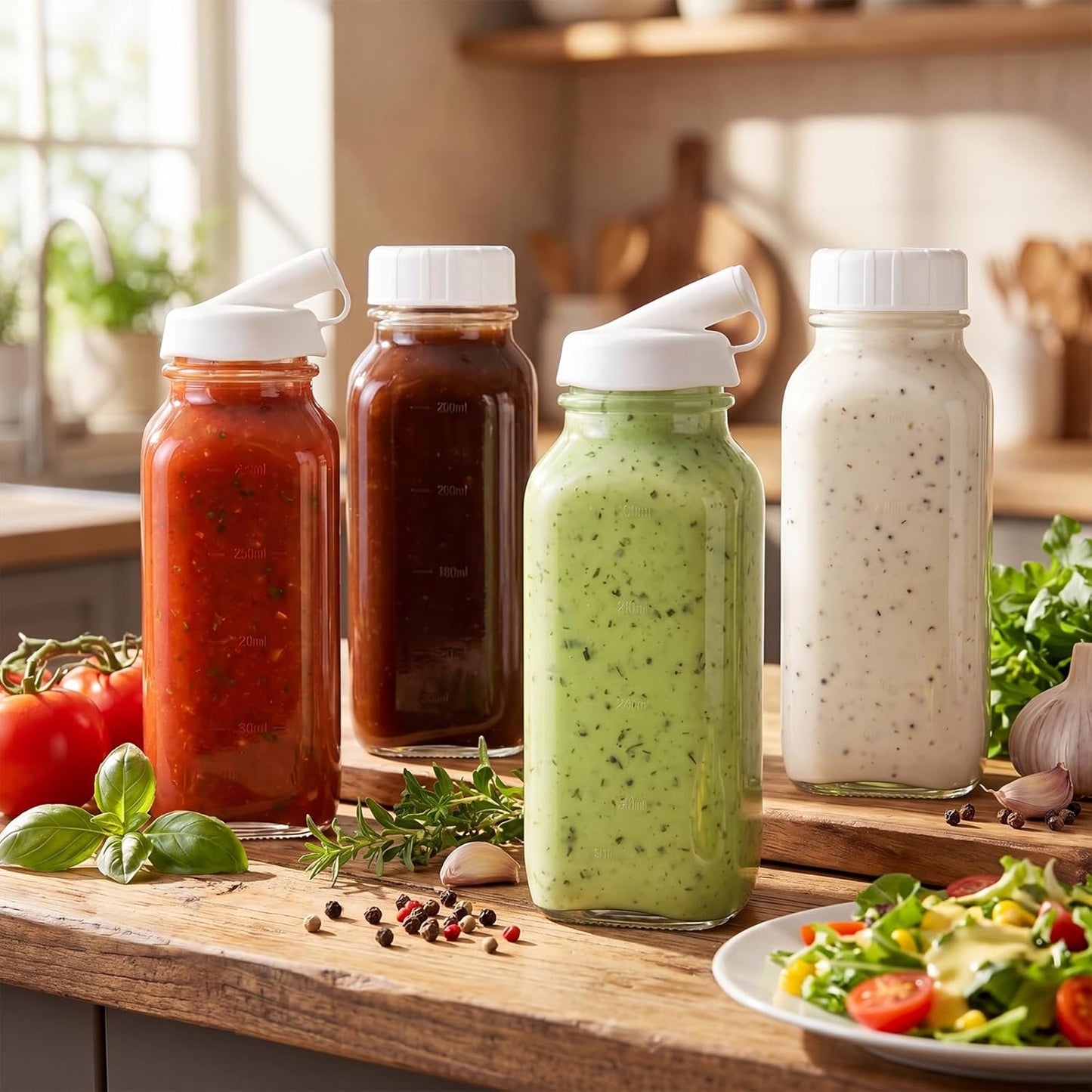 2 Pcs 16 oz Salad Dressing Shaker Glass Dispenser with Silicone Pour Spout and Tamper-proof Lid Refillable Salad Dressing Dispenser Mixer Shaker for Sauces Ketchup Sour Cream Syrup
