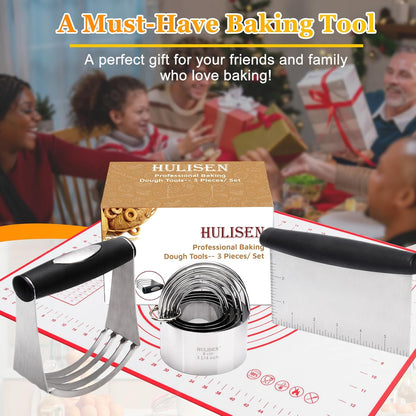 HULISEN Stainless Steel Biscuit Cutter Set, Pastry Scraper and Dough Blender, Sturdy & Long-Lasting with Ergonomic Rubber Grip, Professional Baking Dough Tools, Gift Package (3 Pcs/Set)