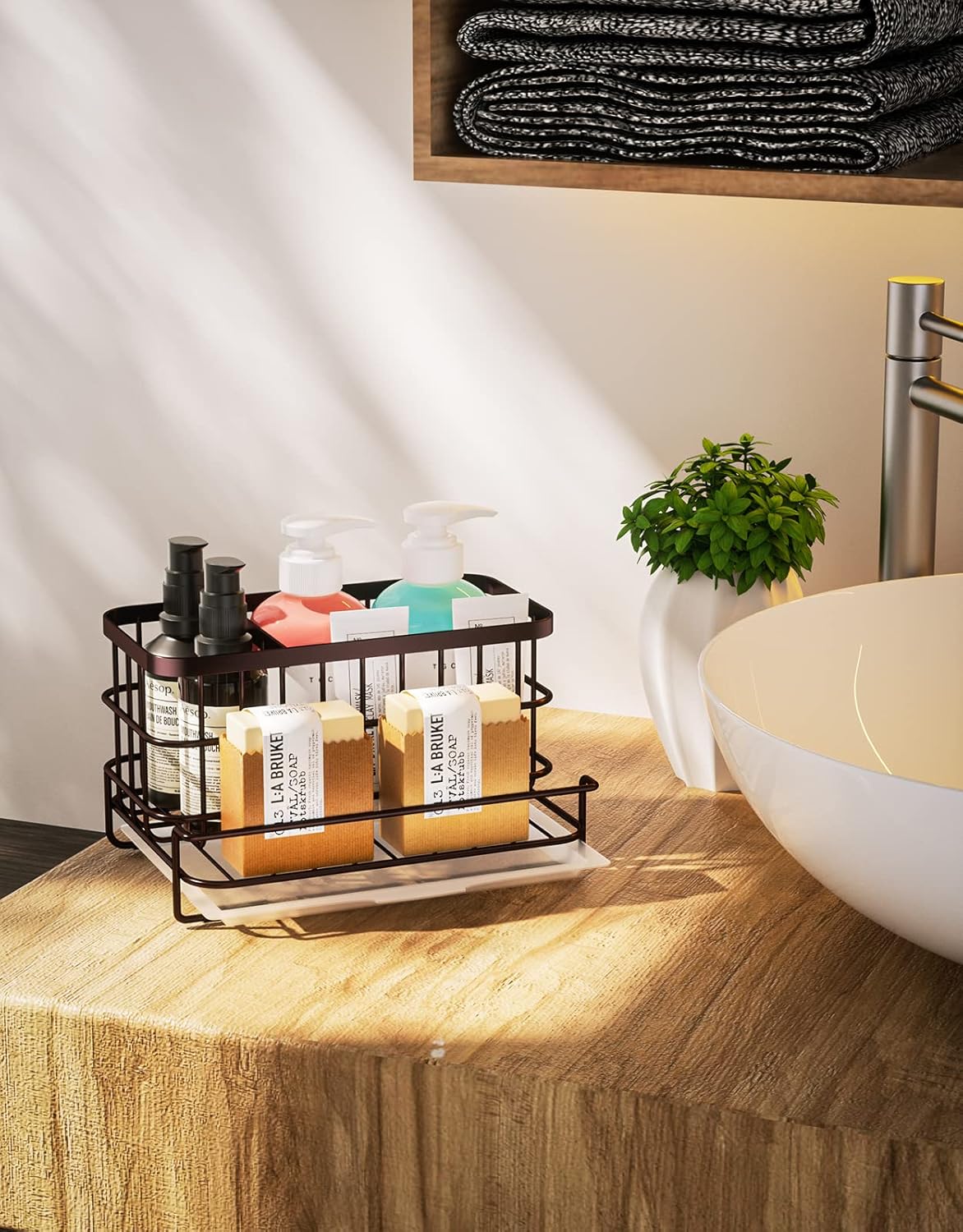 HapiRm Kitchen Sink Organizer, SUS304 Stainless Steel Rustproof Multifunctional Large Sink Caddy with Sponge Holder and Drain Tray for Kitchen Countertop (Silver)