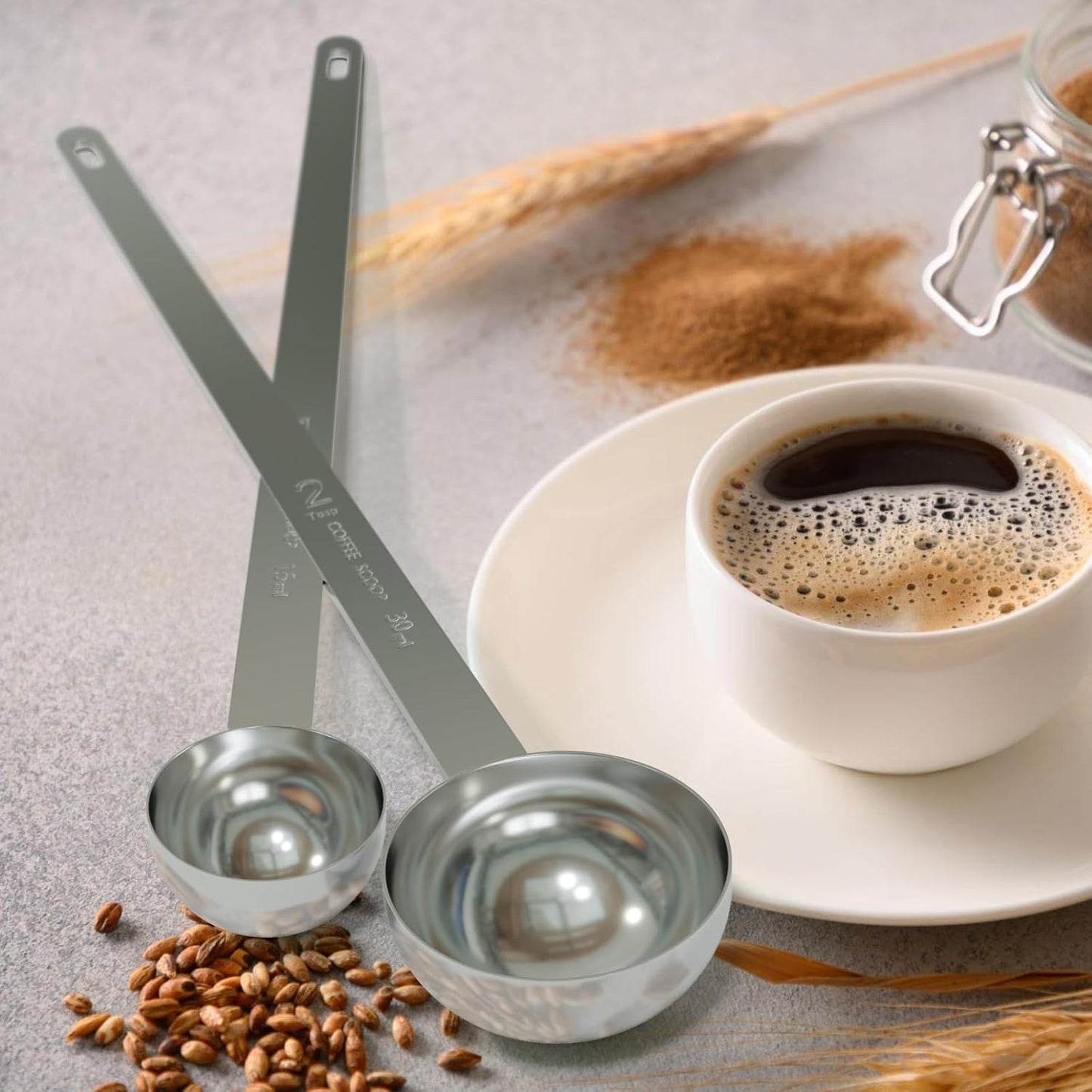 LEIFENY 2PCS Coffee Scoop Set (1tbsp, 2tbsp), Extra Long Handle Measuring Spoon, 15 ml and 30 ml Stainless Steel Coffee Scooper