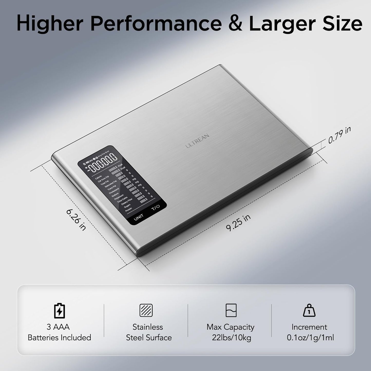 Ultrean Smart Food Kitchen Scale with Nutritional Calculator, APP for Calorie & Macro Tracking, AI Powered, Goal Progress, Digital Calorie Scale for Weight Loss, Stainless Steel, 22lb
