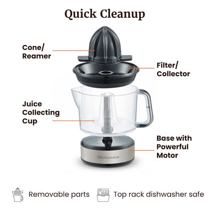 Elite Gourmet ETS326 BPA-Free 40-Watt Electric Citrus Juicer, Compact, Large Volume, Pulp Control, Oranges, Lemons, Limes, Grapefruits with Easy Pour Spout, 24oz, Black/Stainless Steel
