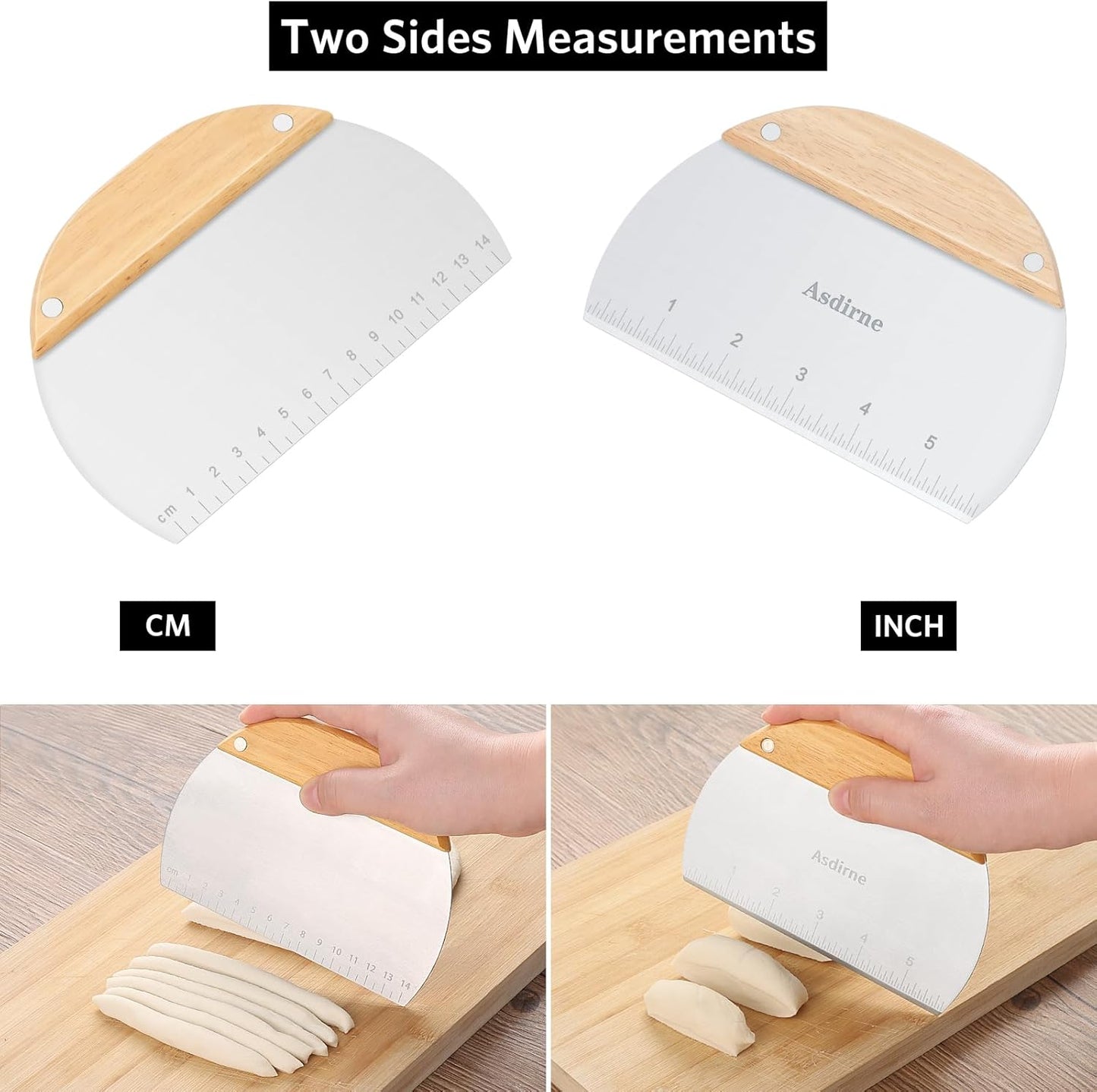 Asdirne Dough Cutter, Dough Scraper with Wooden Handle and Food Grade Stainless Steel Blade, Pastry Scraper, 15CM, 2Pcs