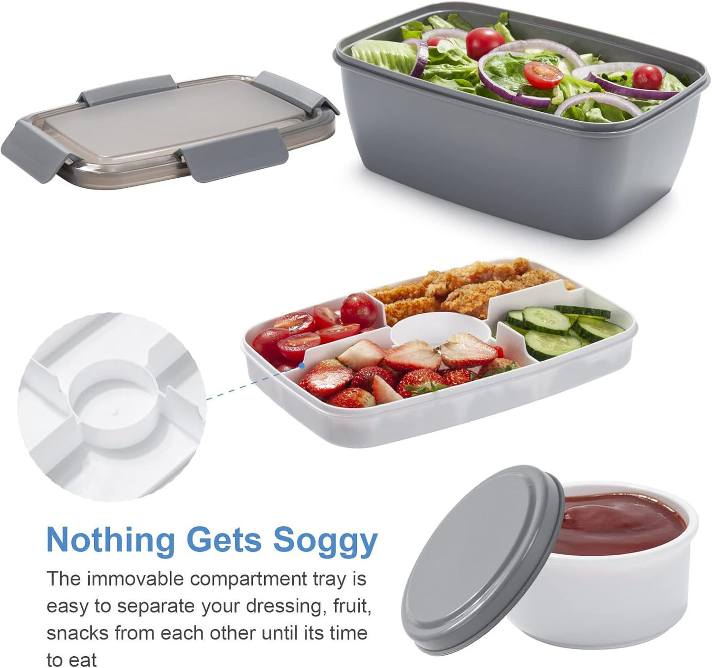 Freshmage Salad Lunch Container To Go, 52-oz Salad Bowls with 3 Compartments, Salad Dressings Container for Salad Toppings, Snacks, Men, Women (Blue)