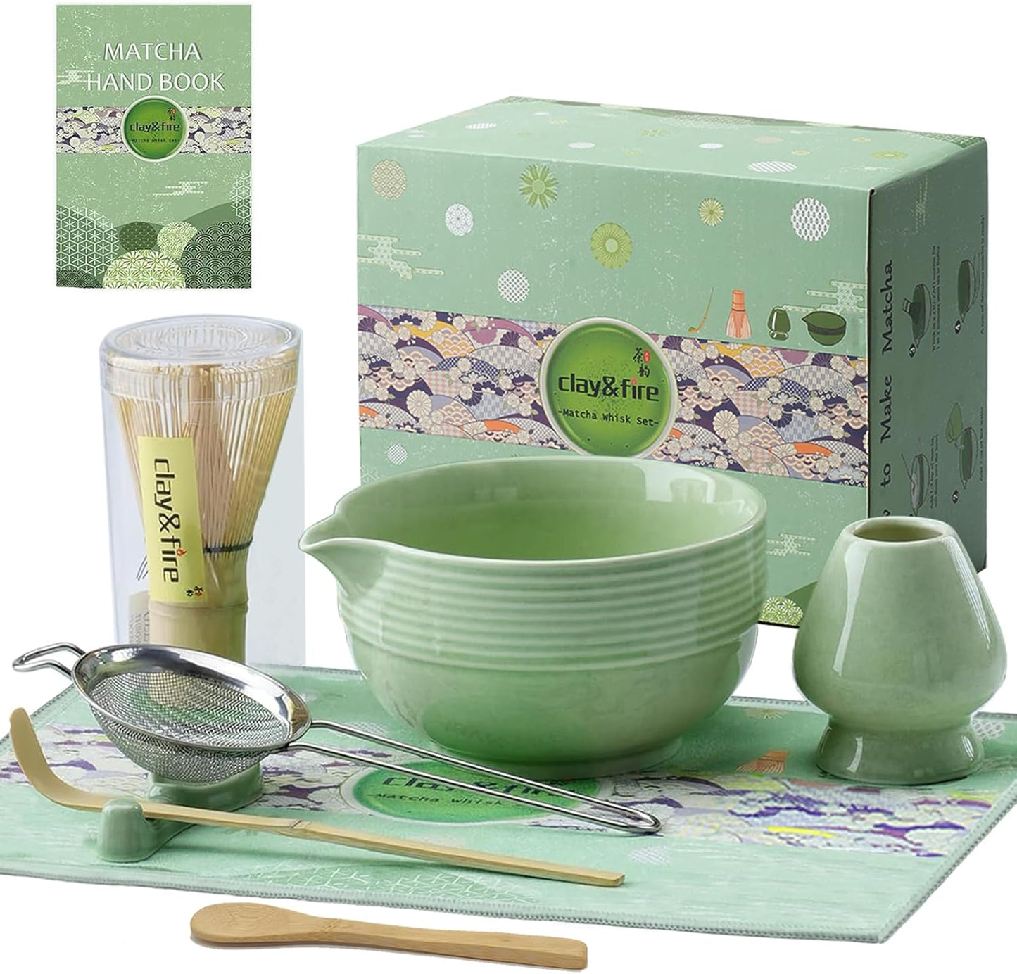 Clay&Fire Matcha Whisk Set, 9 pcs Ceramic Matcha Set, Gifts for Women,Matcha Bowl with Spout and Whisk, Matcha Kit for Matcha Lovers, Gift Mother's Day, Birthday, Anniversary