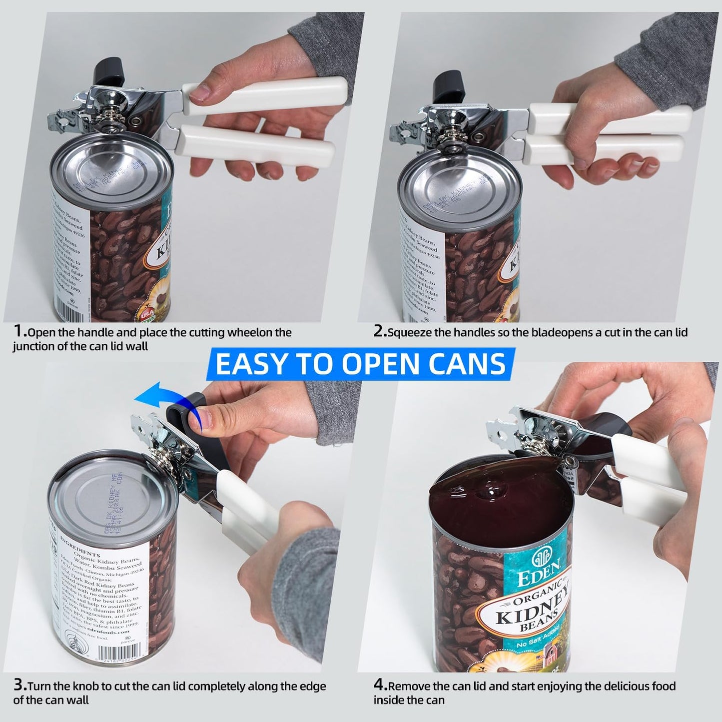 Can Opener Manual, Can Openers Hand Held with Comfort Anti-Slip Handles, Heavy Duty Stainless Steel Can Opener Smooth Edge and Bottle Openers, Easy Turn Can Openers for Seniors, Kitchen, White