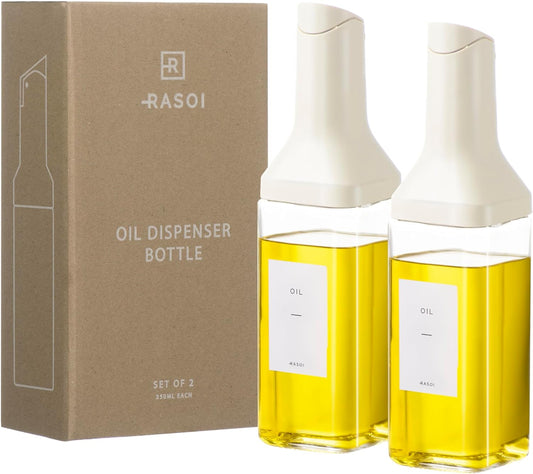 Oil Dispenser Bottle – Set of 2 17oz/500ml Oil and Vinegar Dispenser - Drip-Free Spout Glass Oil Dispenser – Kitchen Oil Dispenser with Automatic Pouring Lid - Olive Oil Bottle for Cooking