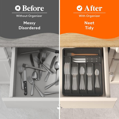 Lifewit Silverware Organizer with Lid, Covered Utensil Tray for Kitchen Drawer and Countertop, Plastic Cutlery and Flatware Storage Box for Spoons Forks Knives Holder Case, 12.6x11.8", Gray
