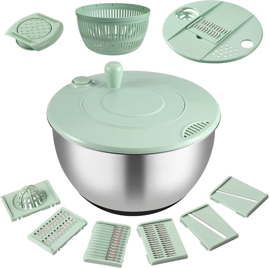 Salad Spinner Stainless Steel, 5.3-Quart Lettuce Washer Spinner with 5 Blades Slicer, Large Vegetables Fruits Wash Bowl with Strainer, Perfect Home Salad Making Tool for Healthy Eaters & Home Cooks