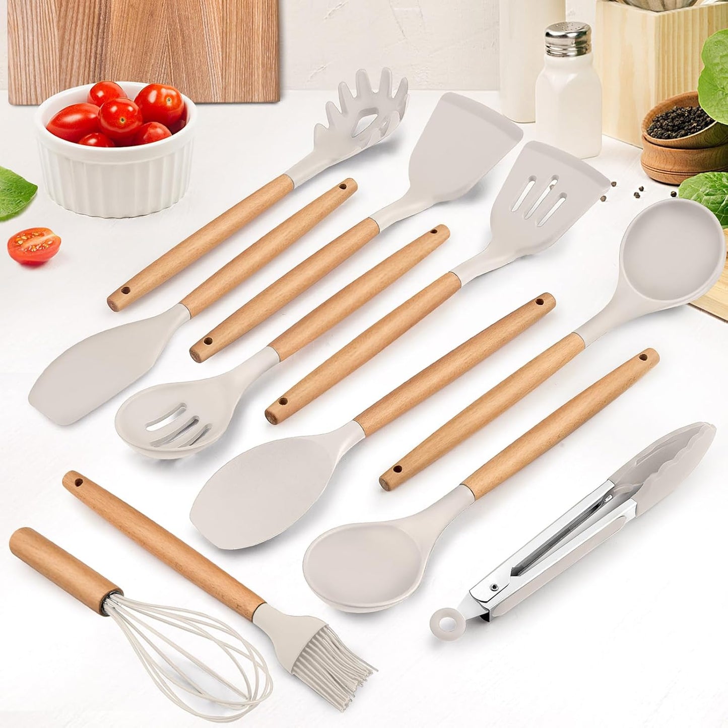 E-far Cooking Utensils Set of 6, Silicone Kitchen Utensils with Wooden Handle, Non-stick Cookware Friendly & Heat Resistant, Includes Spatula/Ladle/Slotted Turner/Serving Spoon/Spaghetti Server(Khaki)