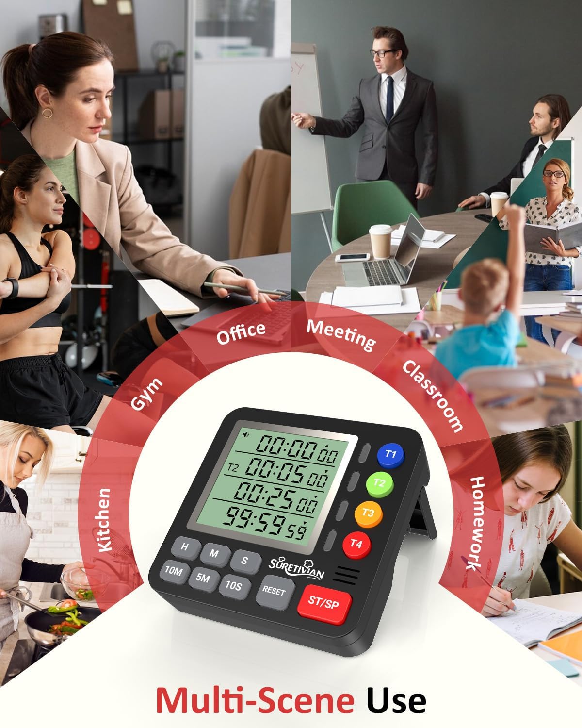 Digital Kitchen Timer for Cooking - 4 Channel Count Up Countdown Timer with Loud Alarm and Silent Mode, Large Display, Magnetic Back, Auto Memory for Classroom Study Gym, Battery Included (Black)