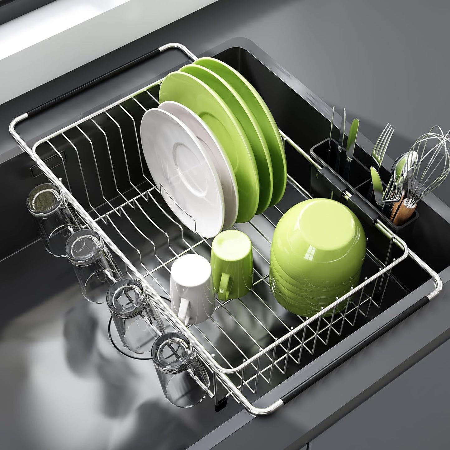 JASIWAY Roll Up Dish Drying Rack, Expandable (12.8"-23.8" D x 12.8" W) Stainless Steel Portable Drainer for Kitchen Sink Counter, Foldable Over The Sink Cover with Removable Utensil Holder