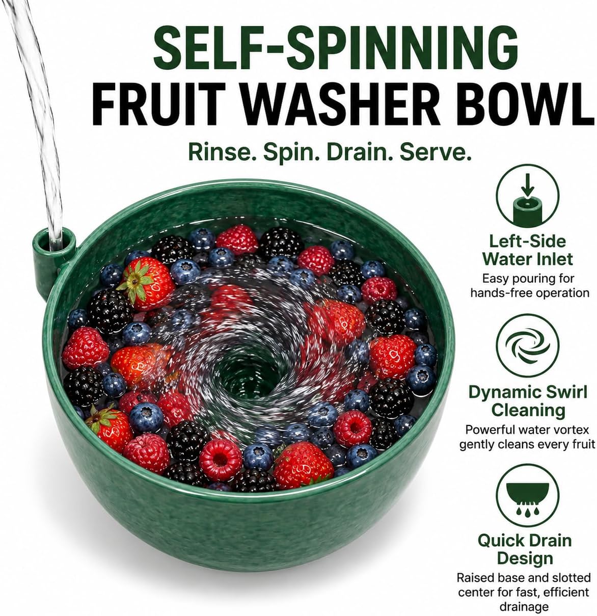 Self Spinning Berry Washing Bowl, Automatic Fruit Vegetable Washer Spinner with Drain Basket, Quick Cleaning Multipurpose Kitchen Fruit Washing Basket for Berry Grape Cherry