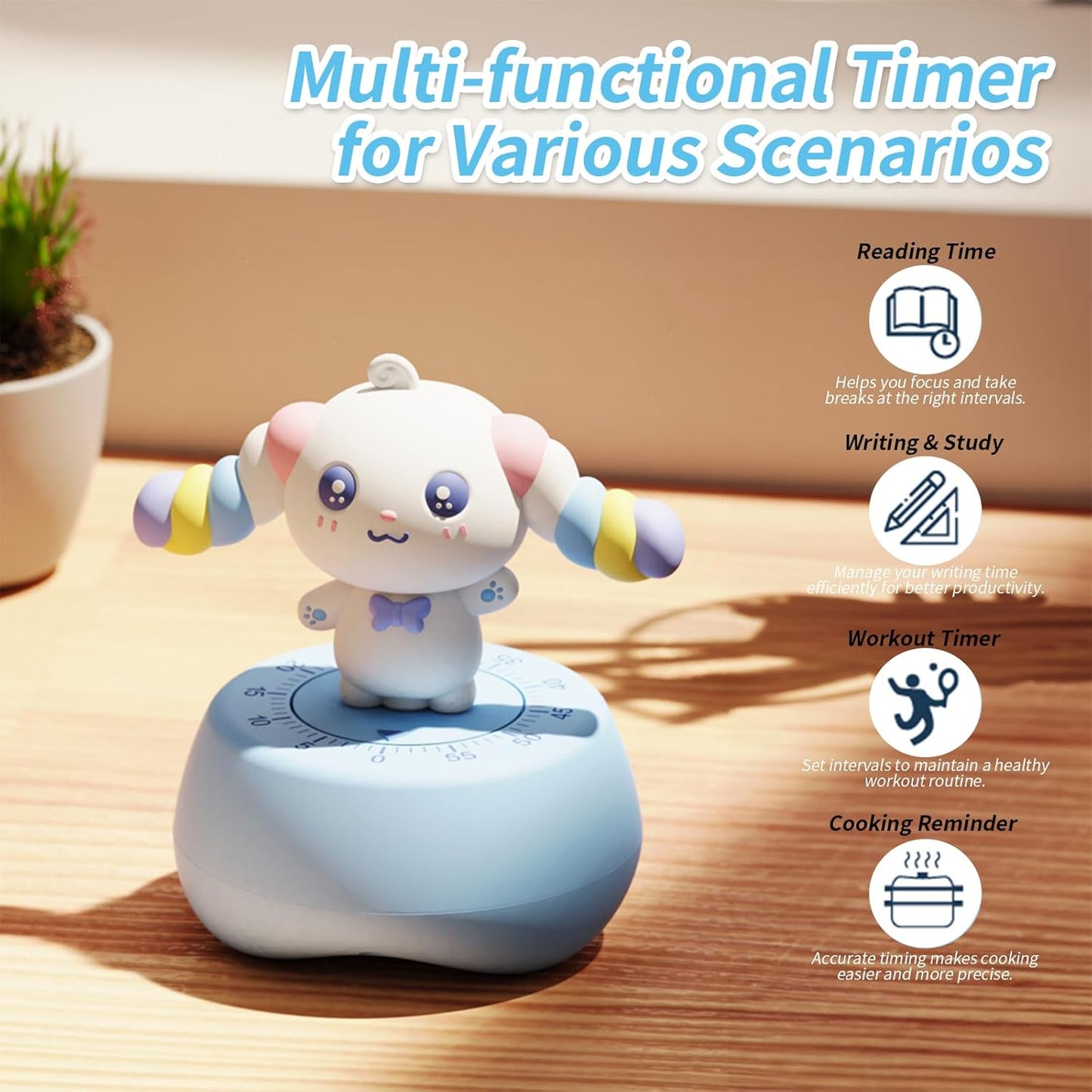 Quirky Creature Mechanical Kitchen Timer, Cute 60-Minute Manual Wind Up Countdown Clock, Unique Matte Blue Visual Timer for Kids, Creative Study Tool & Office Desk Gift (Blue)