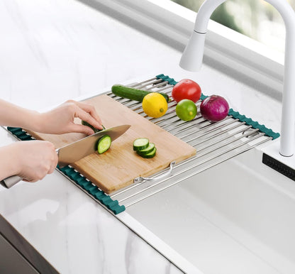 Tomorotec 17.7" x 15.5" Roll Up Dish Drying Rack Over Sink Drying Rack Sink Cover Kitchen Sink Accessories Gadget Multipurpose Organizer Foldable Stainless Steel Drainer