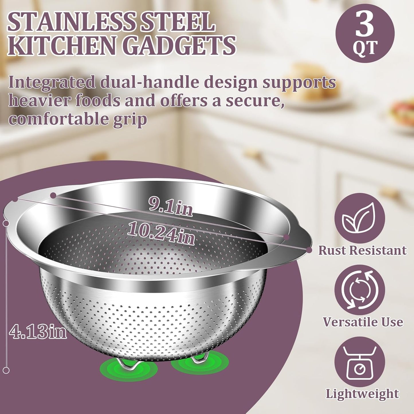 4-1 Colander with Bowl Set - Pasta Strainer - Colander for Kitchen - Strainers and Colanders Rice Strainer Fruit Cleaner Veggie Wash Sink Strainer Kitchen Essentials - Black