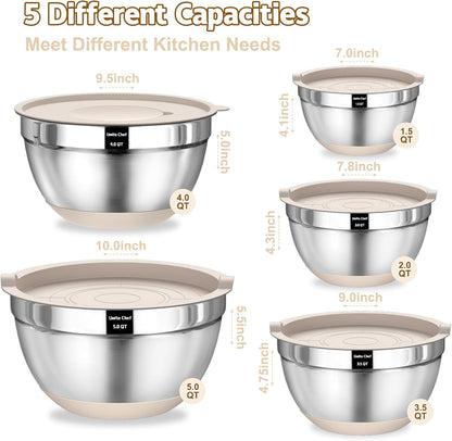 Umite Chef Mixing Bowls with Airtight Lids Set, 8PCS Stainless Steel Nesting Bowls with Grater Attachments, Non-Slip Bottoms, 5, 4, 3.5, 2, 1.5QT for Mixing & Serving