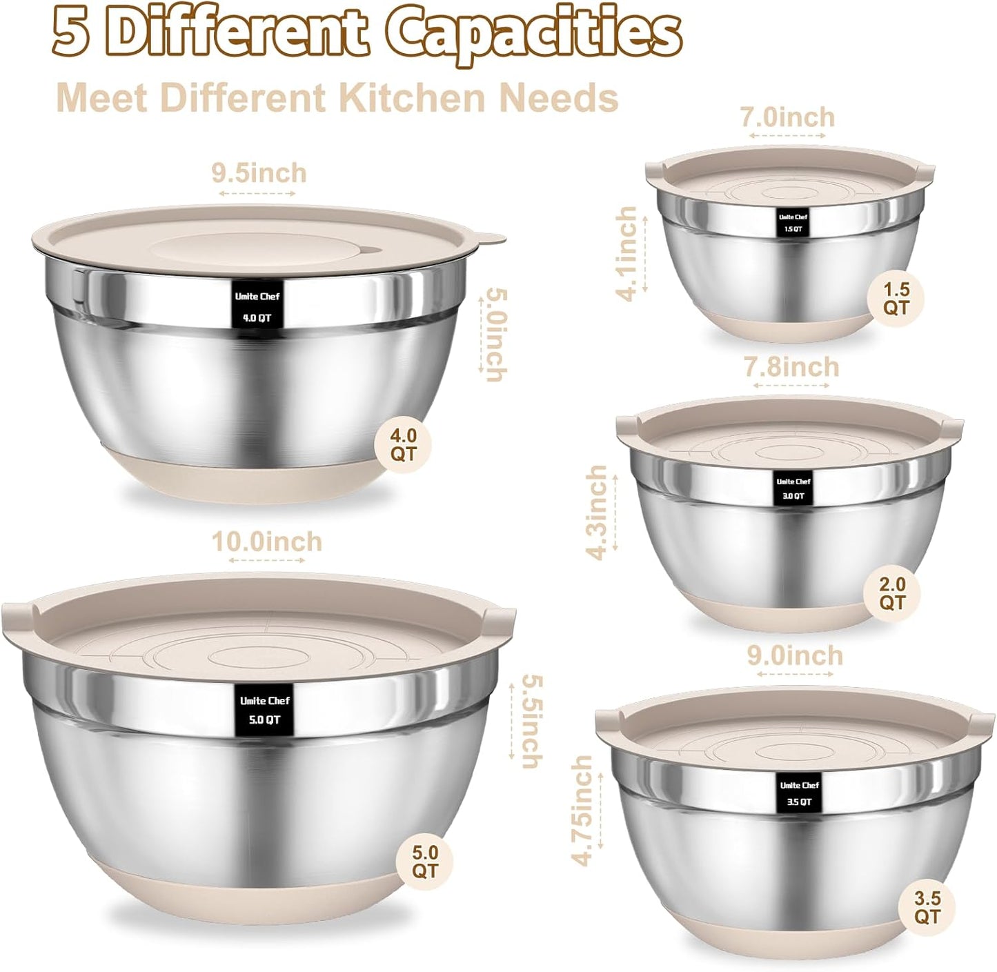 Umite Chef Mixing Bowls with Airtight Lids, 8PCS Stainless Steel Nesting Mixing Bowls Set, 3 Grater Attachments & Non-Slip Bottoms, Black Kitchen Bowls, Size 5, 4, 3.5, 2, 1.5QT for Baking & Serving