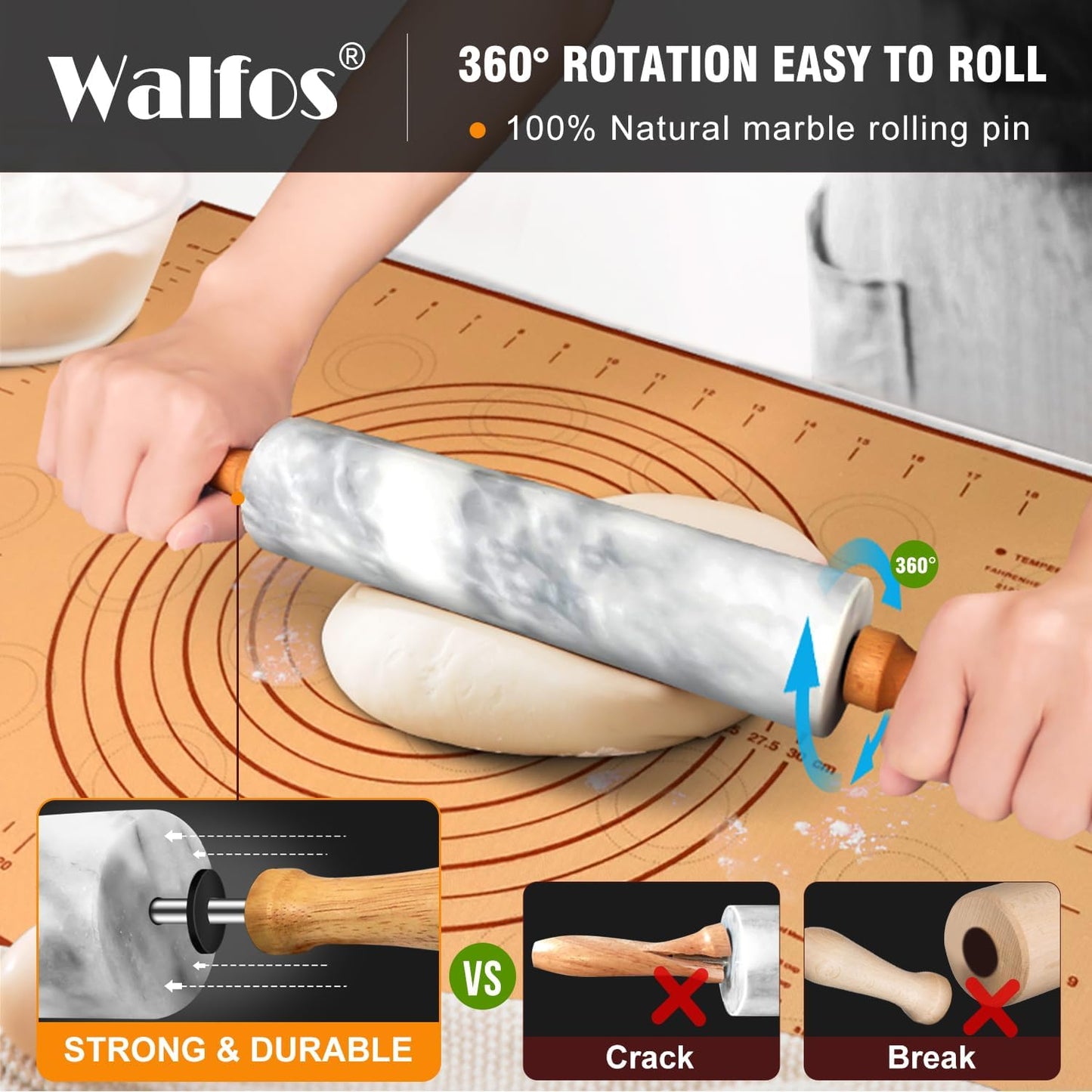 WALFOS French Rolling Pin and Silicone Baking Mat Set, Non-Stick Beech Wood Rolling Pin 15.7 Inch and Pastry Mat for Best Pie Crust, Cookie, Pasta and Pizza Dough
