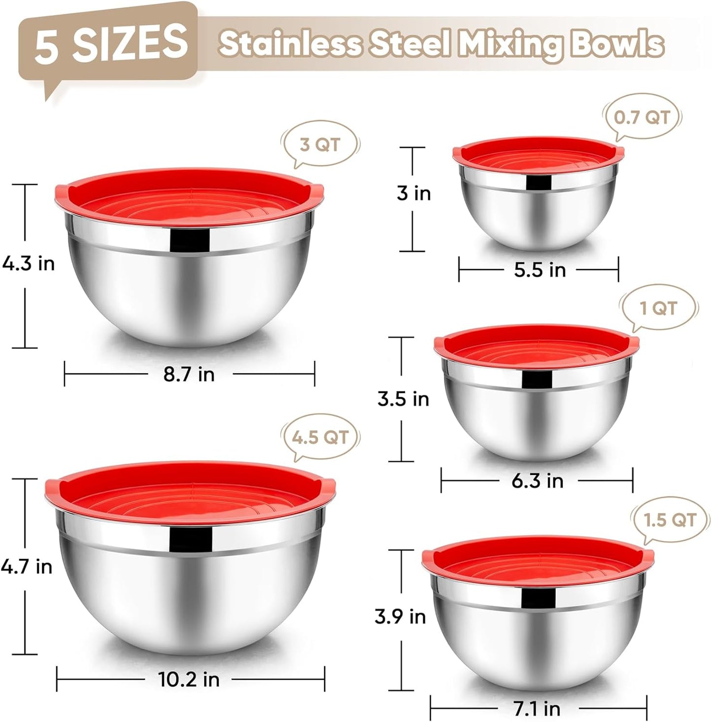 TeamFar Mixing Bowls with Lids, 5-Piece Stainless Steel Metal Nesting Salad Bowl for Mixing Prepping, Healthy & Heavy Duty, Airtight Lids & Dishwasher Safe, 4.5/3/1.5/1/0.7 QT-Khaki