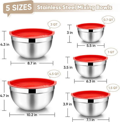 TeamFar Mixing Bowls with Lids, 5-Piece Stainless Steel Metal Nesting Salad Bowl for Mixing Prepping, Healthy & Heavy Duty, Airtight Lids & Dishwasher Safe, 4.5/3/1.5/1/0.7 QT-Khaki